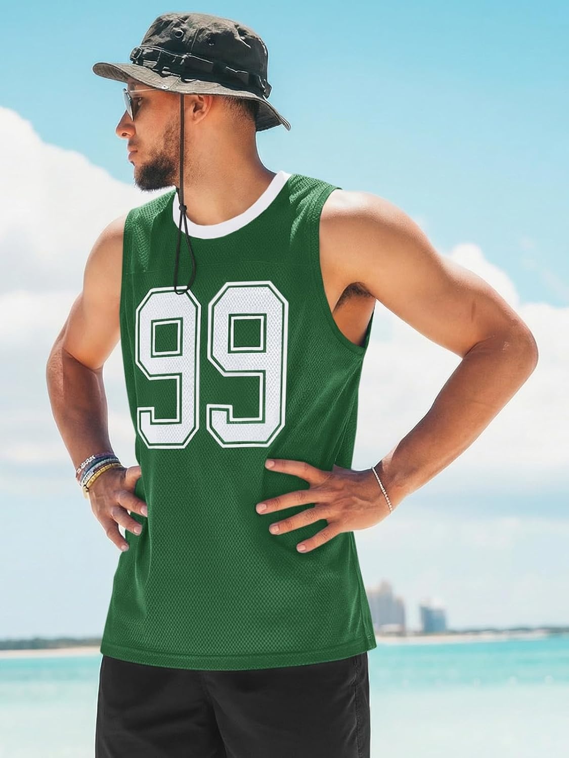 image:imageRuncati Mens Jersey Shirs Number Graphic Sleeveless Mesh Oversized Tank TopGreen