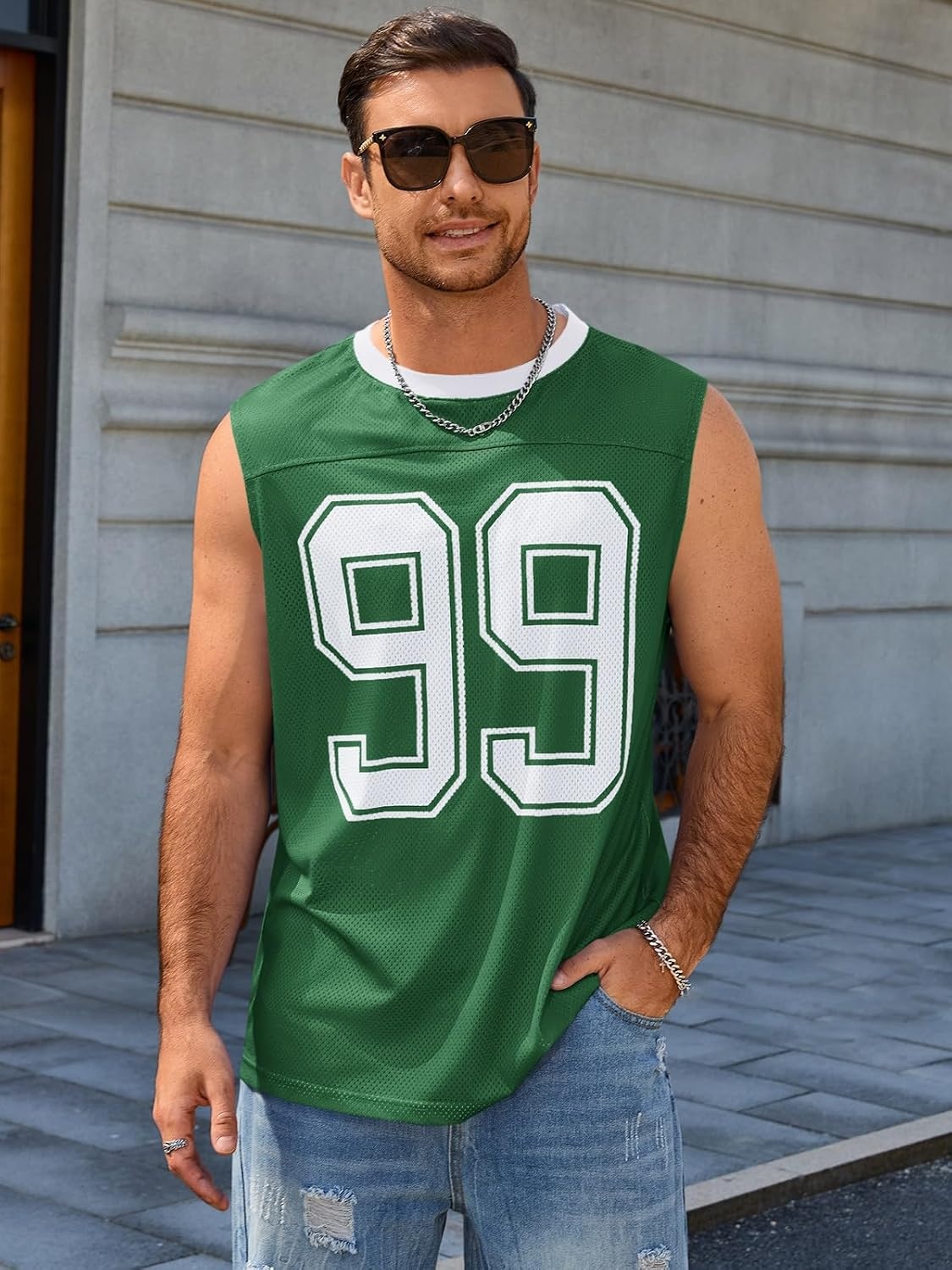 image:imageRuncati Mens Jersey Shirs Number Graphic Sleeveless Mesh Oversized Tank TopGreen