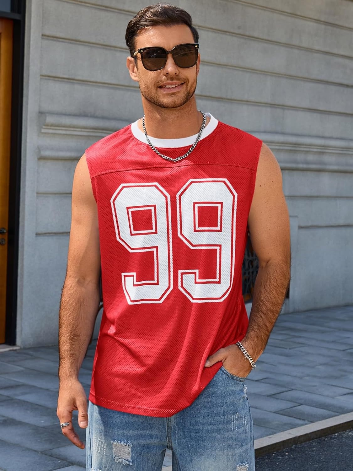 image:imageRuncati Mens Jersey Shirs Number Graphic Sleeveless Mesh Oversized Tank TopRed