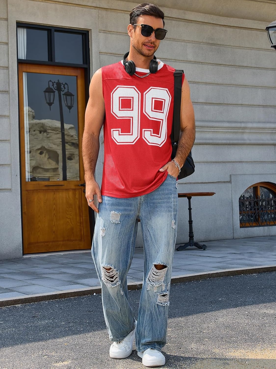 image:imageRuncati Mens Jersey Shirs Number Graphic Sleeveless Mesh Oversized Tank TopRed