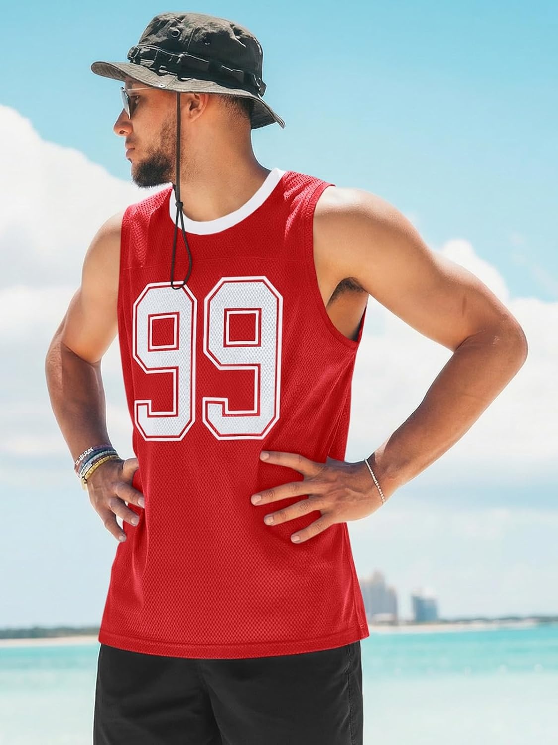 image:imageRuncati Mens Jersey Shirs Number Graphic Sleeveless Mesh Oversized Tank TopRed