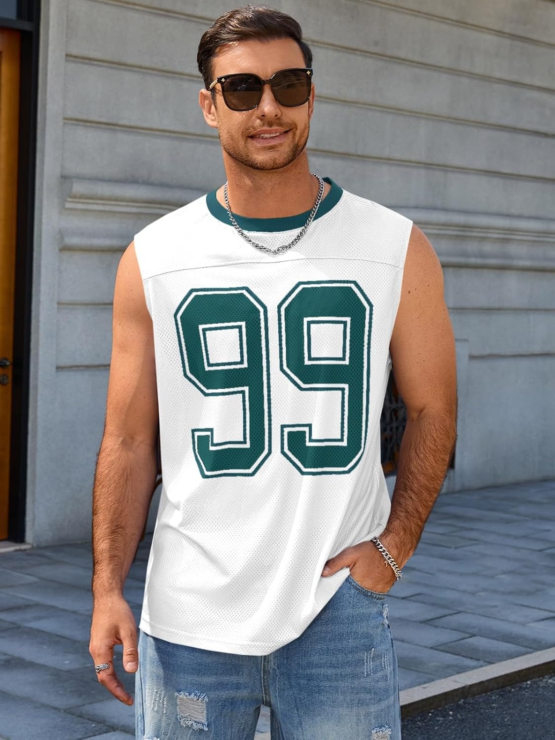 image:imageRuncati Mens Jersey Shirs Number Graphic Sleeveless Mesh Oversized Tank TopWhite