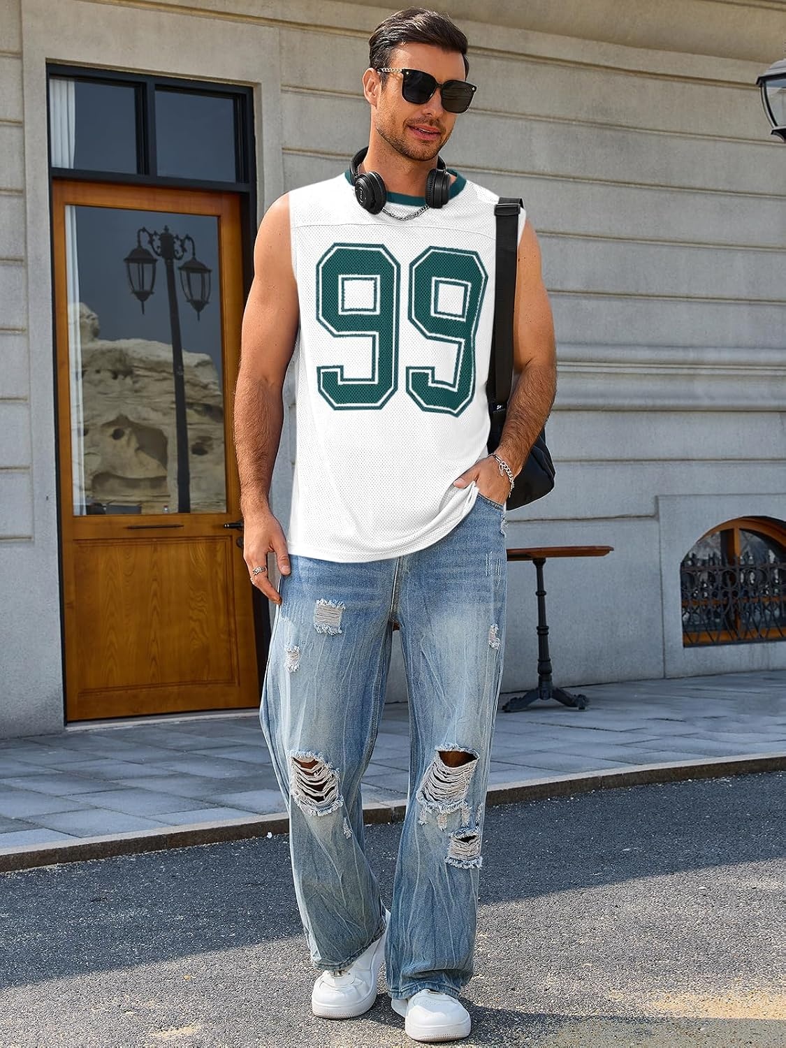 image:imageRuncati Mens Jersey Shirs Number Graphic Sleeveless Mesh Oversized Tank TopWhite