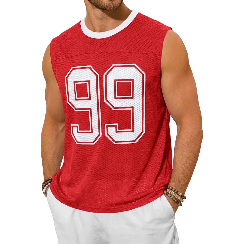 image:imageRuncati Mens Jersey Shirs Number Graphic Sleeveless Mesh Oversized Tank TopRed