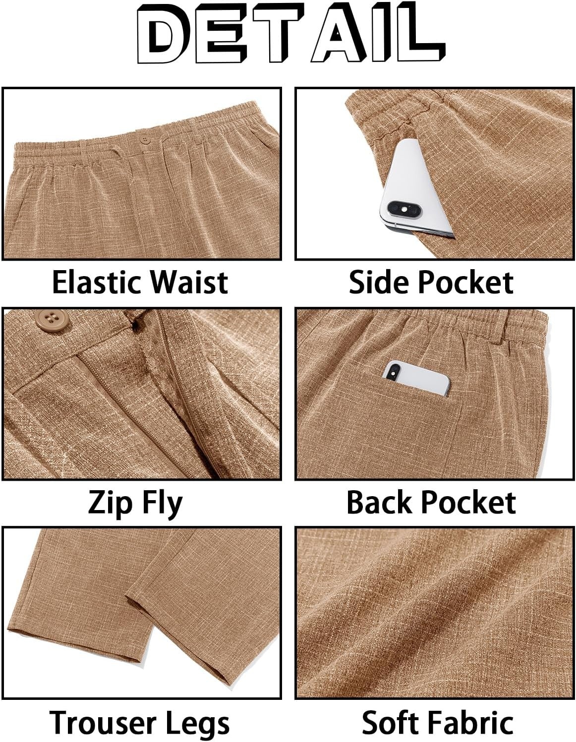 image:imageRuncati Mens Linen Pants Summer Beach Casual Pajama Pants with PocketsLight Brown