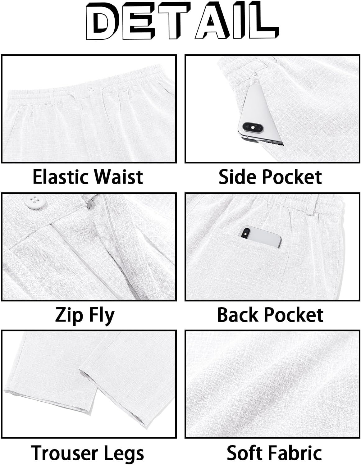 image:imageRuncati Mens Linen Pants Summer Beach Casual Pajama Pants with PocketsWhite