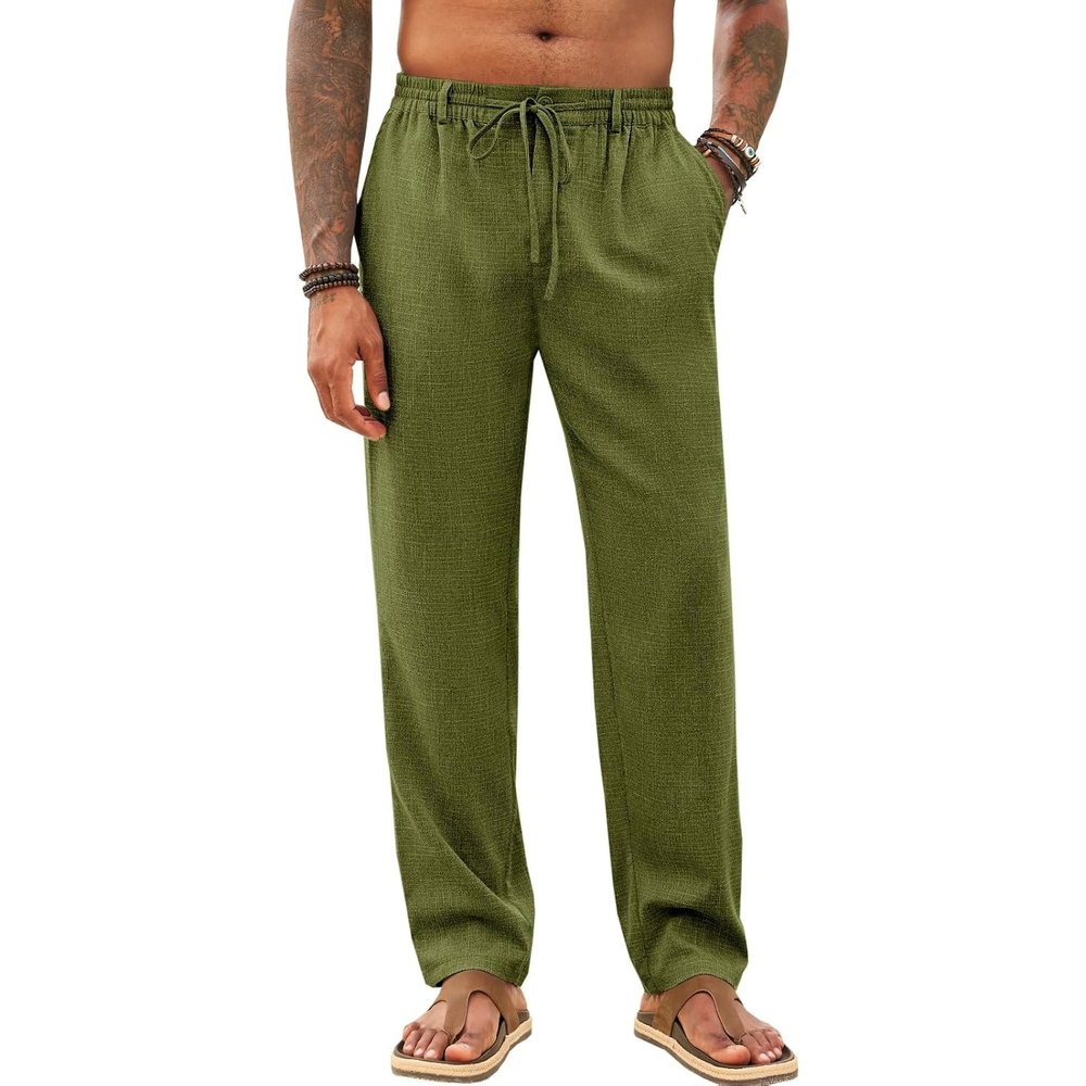image:imageRuncati Mens Linen Pants Summer Beach Casual Pajama Pants with PocketsArmy Green