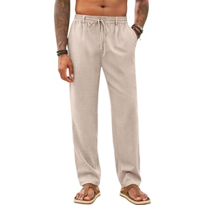 Runcati Mens Linen Pants Summer Beach Casual Pajama Pants with Pockets(Apricot)
