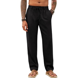 Runcati Mens Linen Pants Summer Beach Casual Pajama Pants with Pockets(Black)