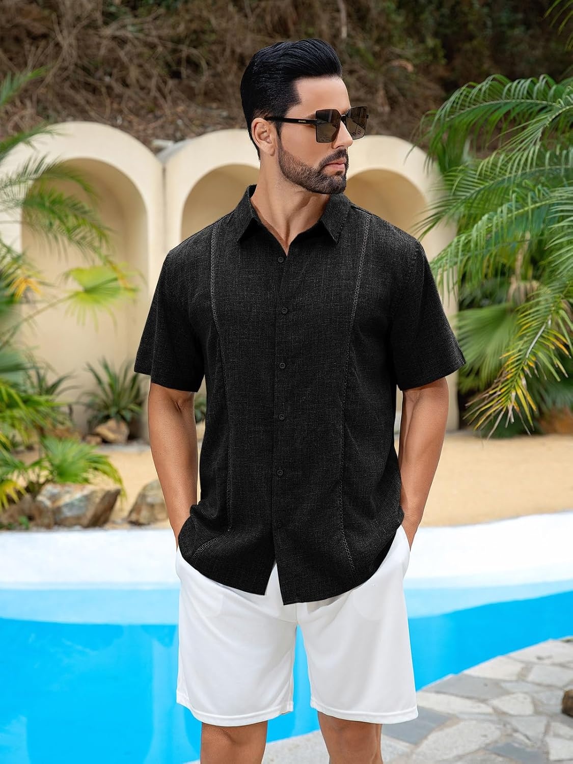 image:imageRuncati Mens Short Sleeve Guayabera Shirts Cuban Button Down Casual ShirtBlack