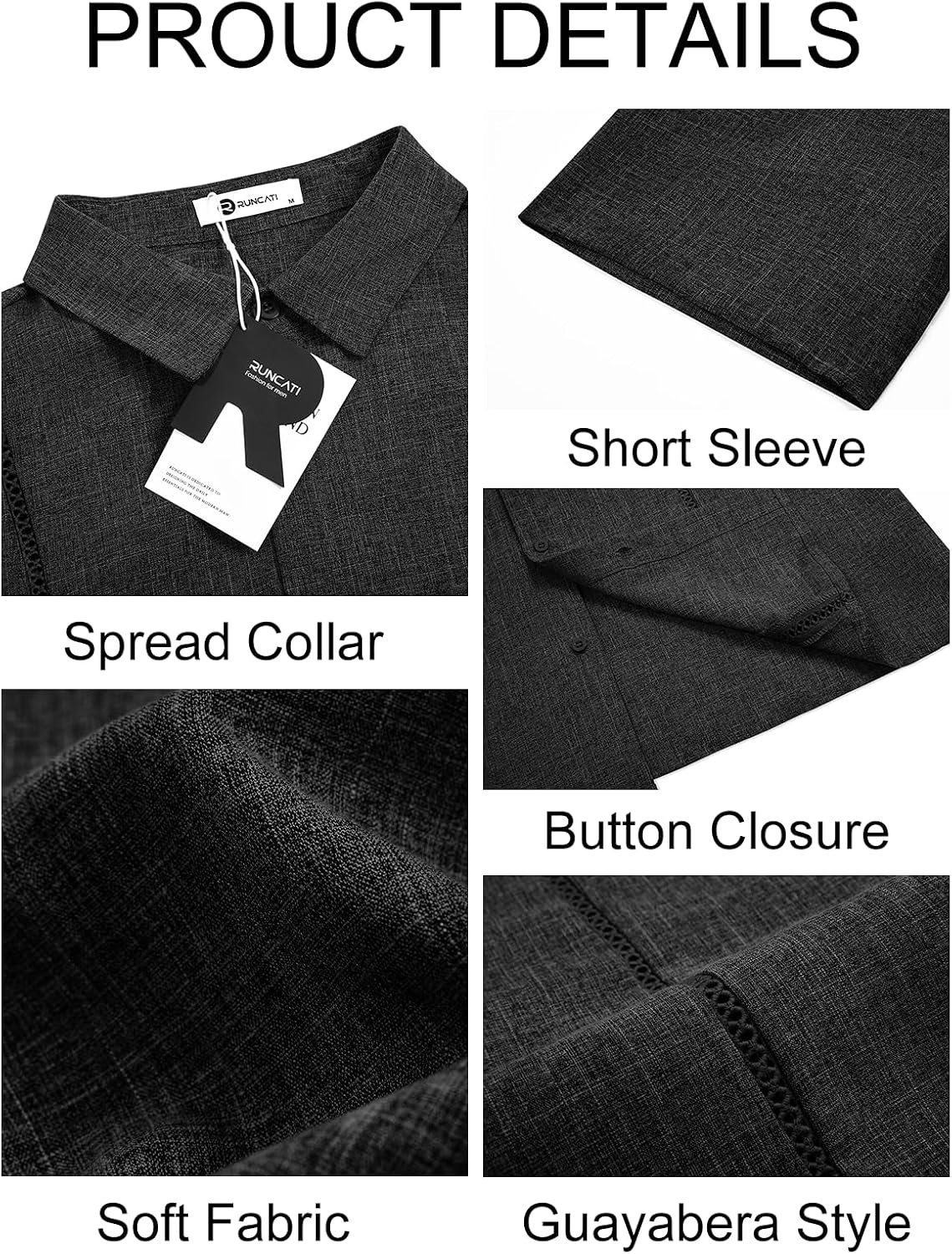 image:imageRuncati Mens Short Sleeve Guayabera Shirts Cuban Button Down Casual ShirtBlack