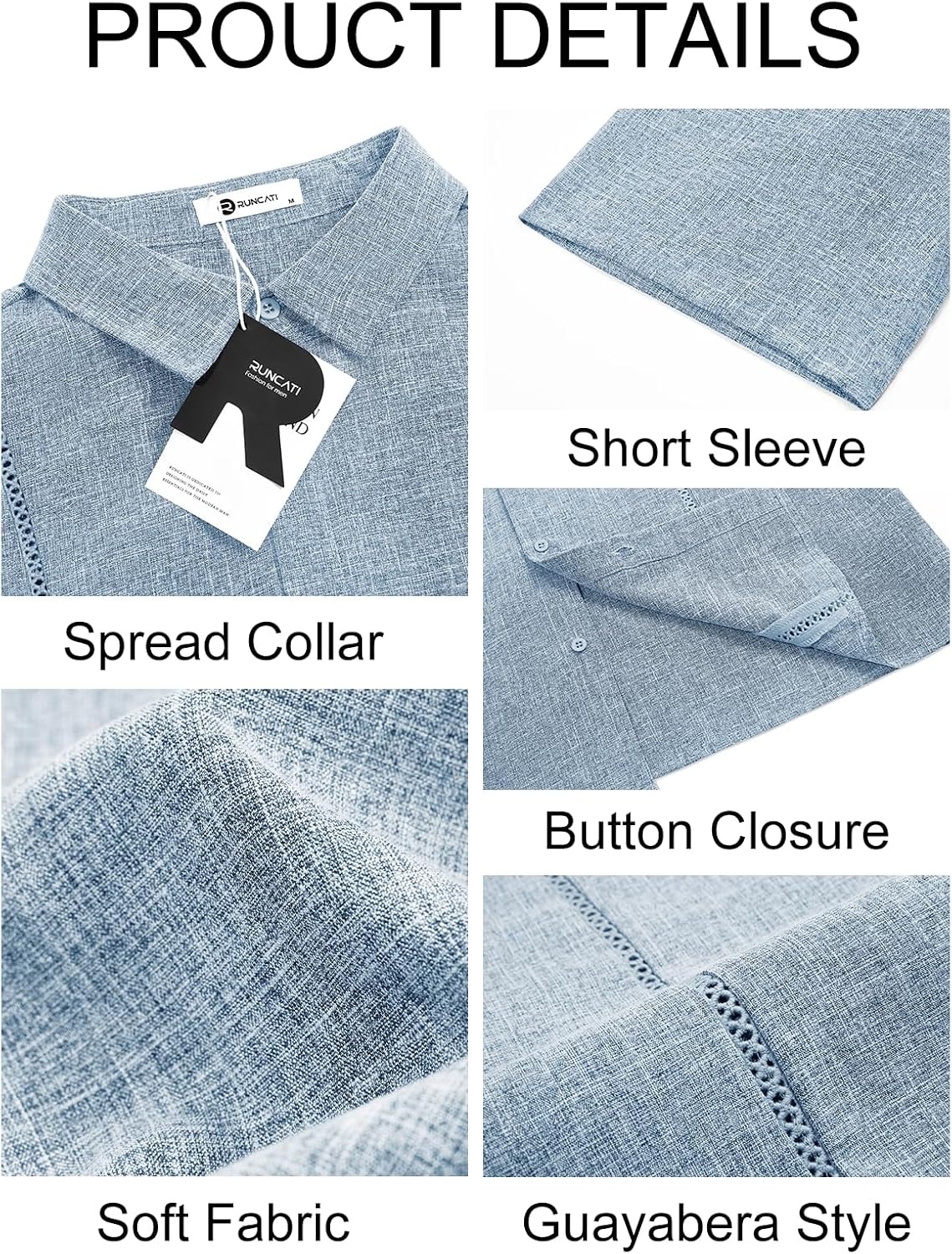 image:imageRuncati Mens Short Sleeve Guayabera Shirts Cuban Button Down Casual ShirtBlue