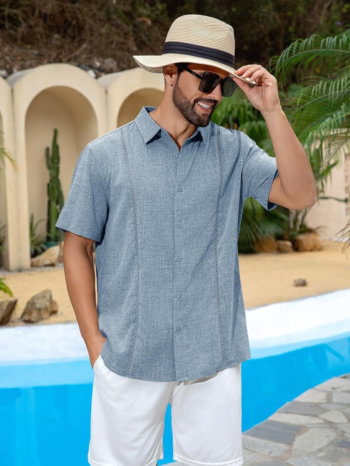 image:imageRuncati Mens Short Sleeve Guayabera Shirts Cuban Button Down Casual ShirtBlue