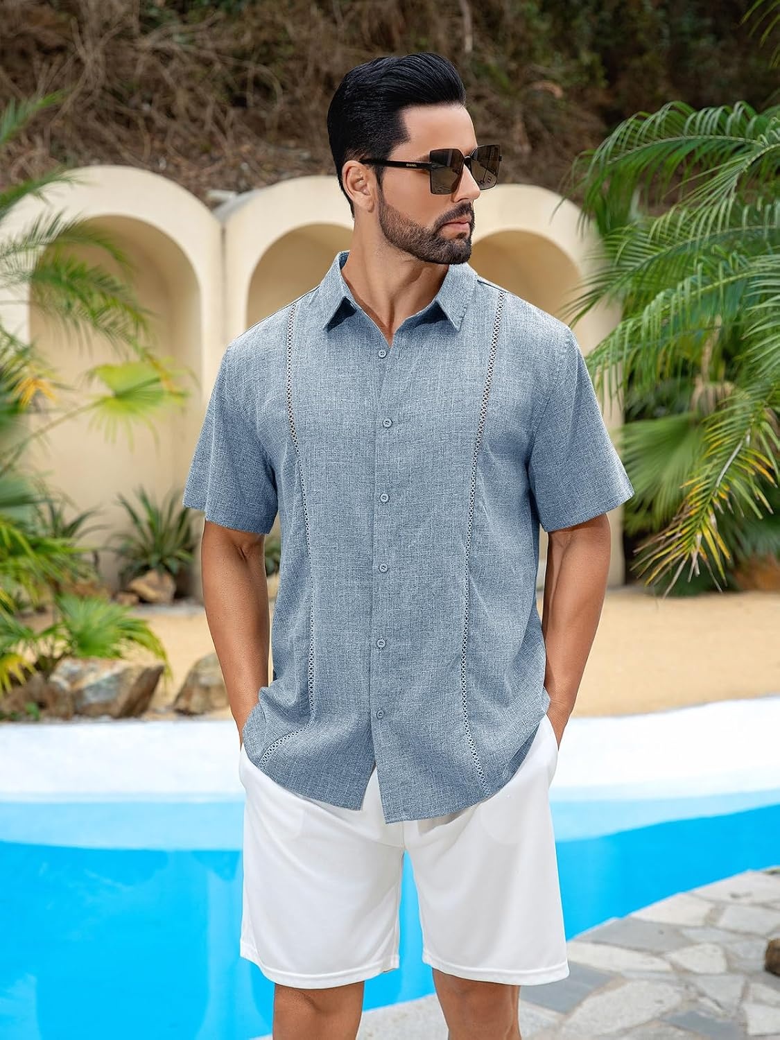 image:imageRuncati Mens Short Sleeve Guayabera Shirts Cuban Button Down Casual ShirtBlue