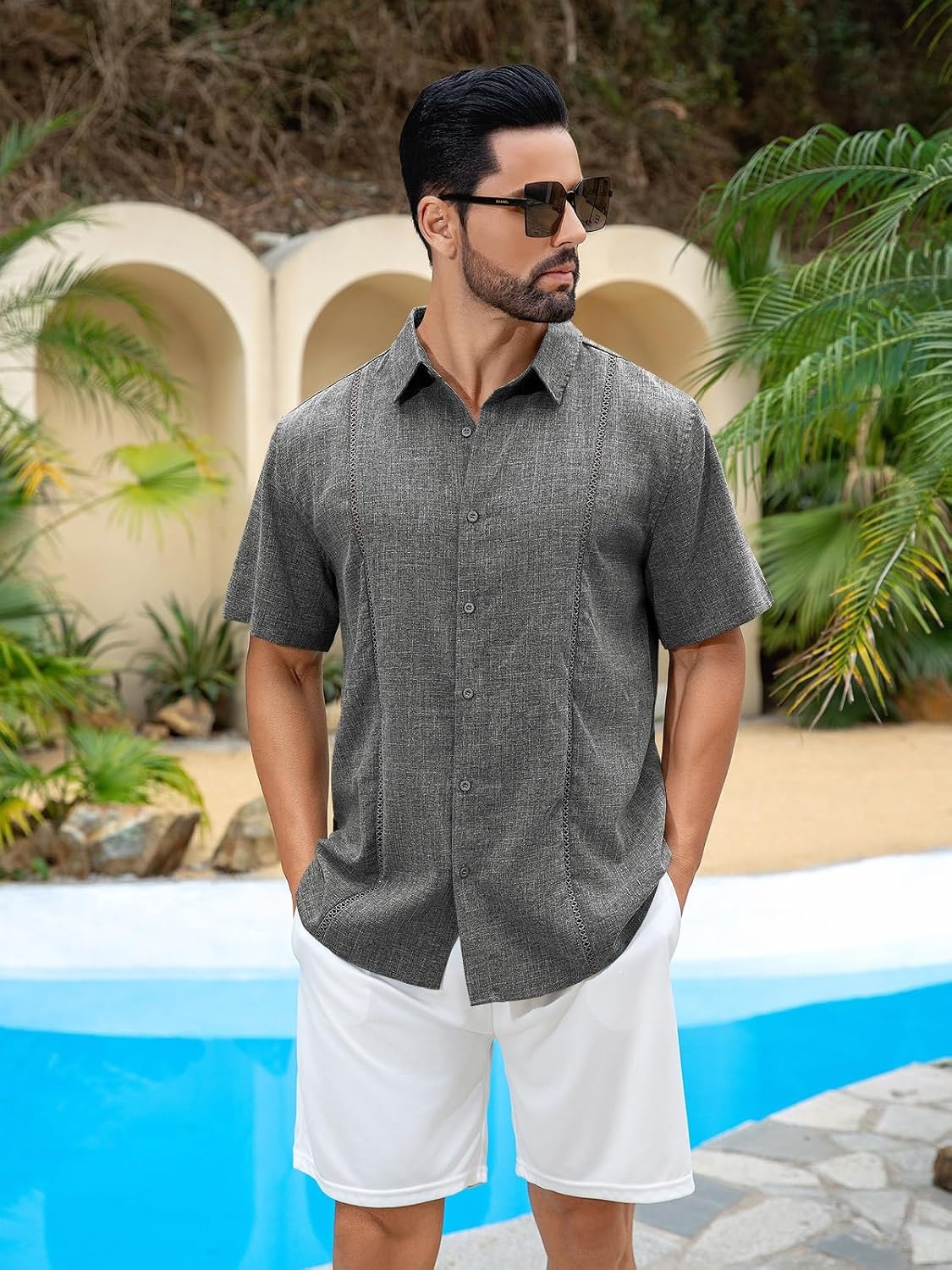 image:imageRuncati Mens Short Sleeve Guayabera Shirts Cuban Button Down Casual ShirtDark Gray