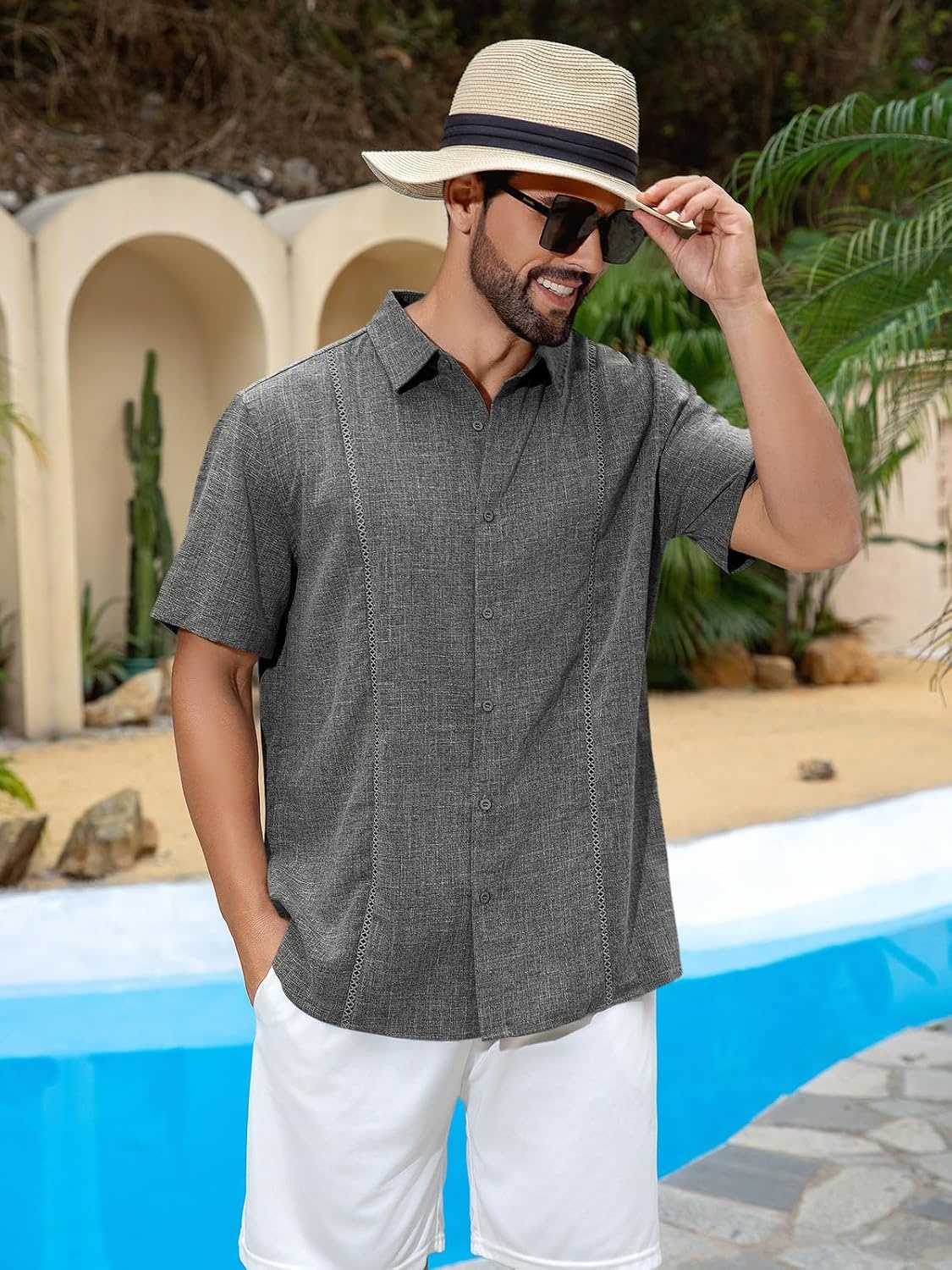 image:imageRuncati Mens Short Sleeve Guayabera Shirts Cuban Button Down Casual ShirtDark Gray