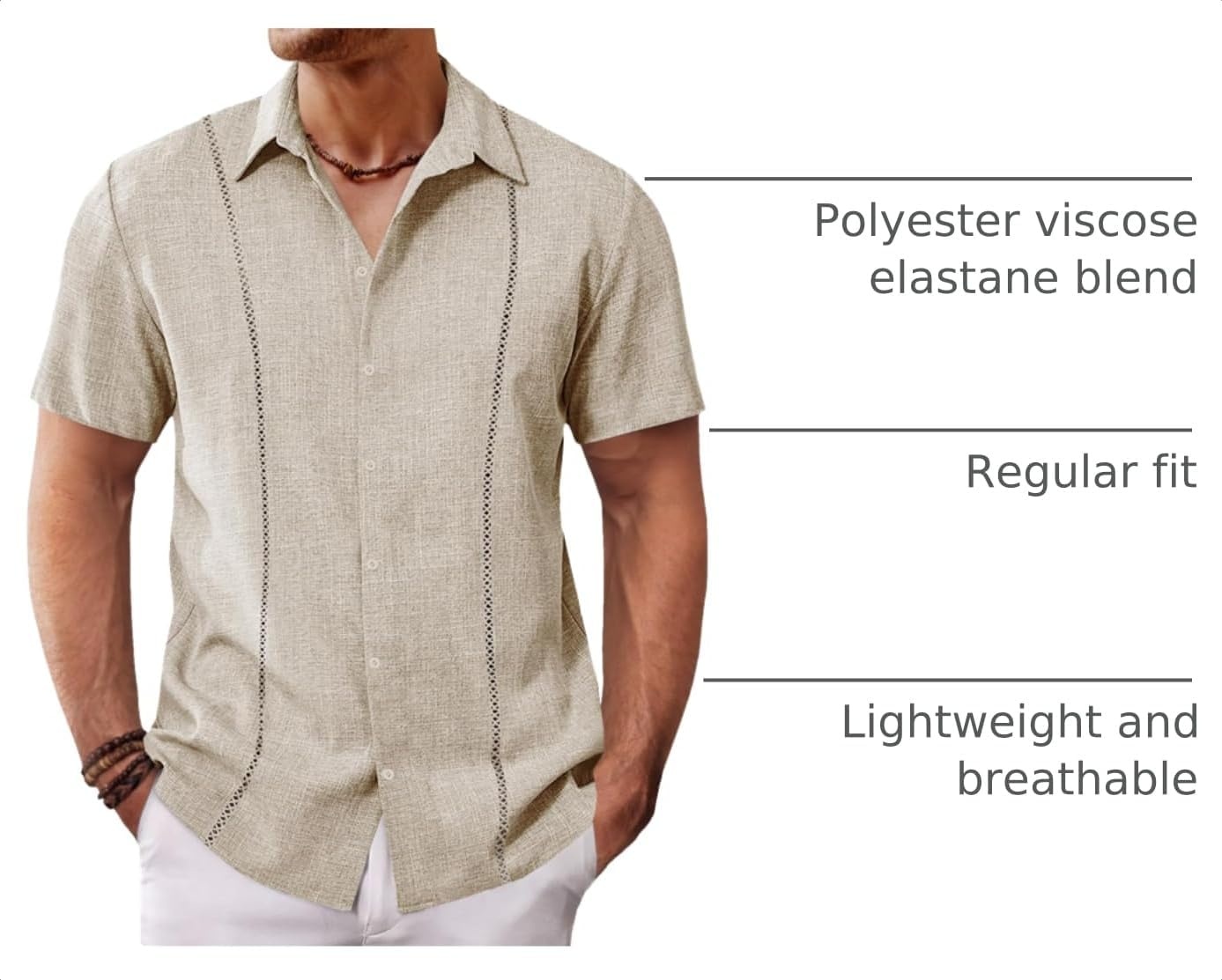 image:imageRuncati Mens Short Sleeve Guayabera Shirts Cuban Button Down Casual ShirtLight Khaki