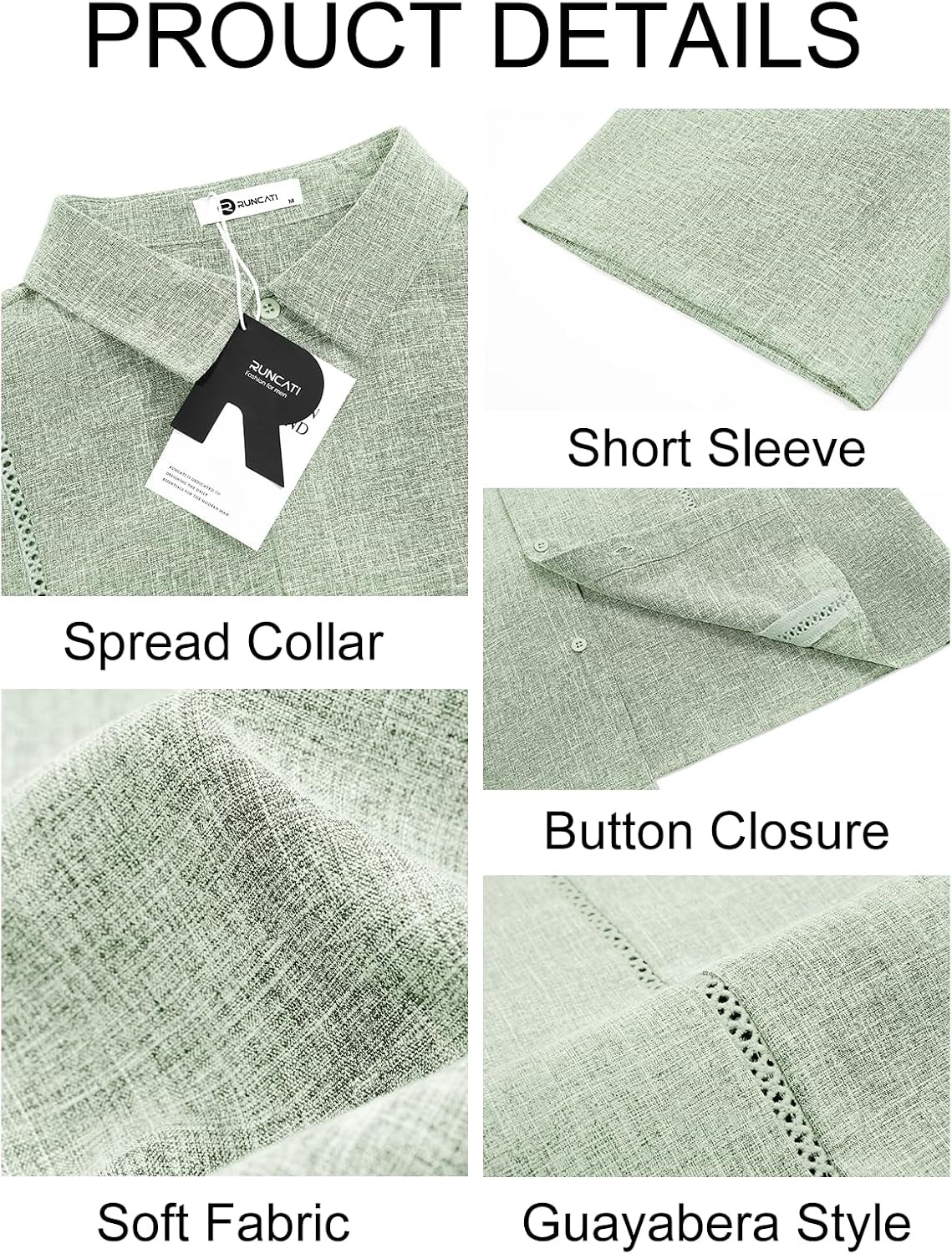 image:imageRuncati Mens Short Sleeve Guayabera Shirts Cuban Button Down Casual ShirtOlive Green