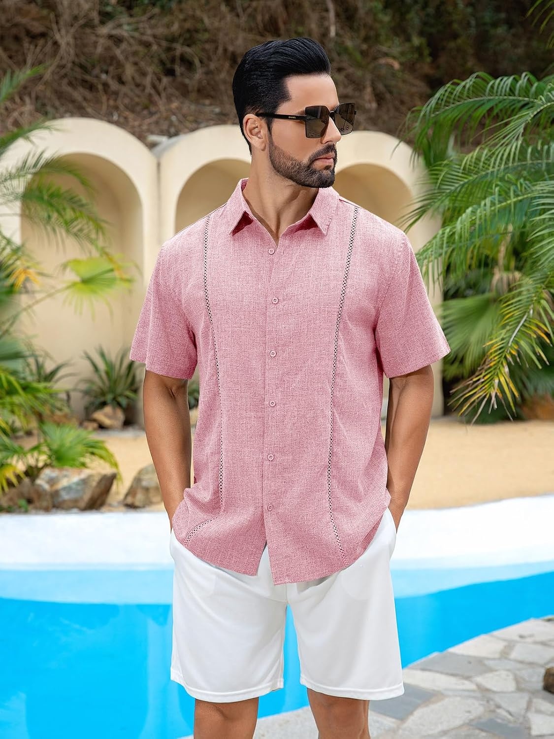 image:imageRuncati Mens Short Sleeve Guayabera Shirts Cuban Button Down Casual ShirtPink