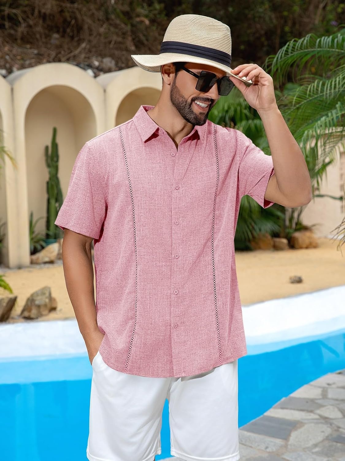 image:imageRuncati Mens Short Sleeve Guayabera Shirts Cuban Button Down Casual ShirtPink