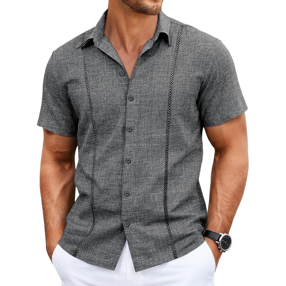 image:imageRuncati Mens Short Sleeve Guayabera Shirts Cuban Button Down Casual ShirtDark Gray
