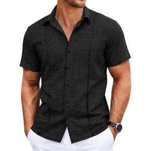 Runcati Mens Short Sleeve Guayabera Shirts Cuban Button Down Casual Shirt(Black)