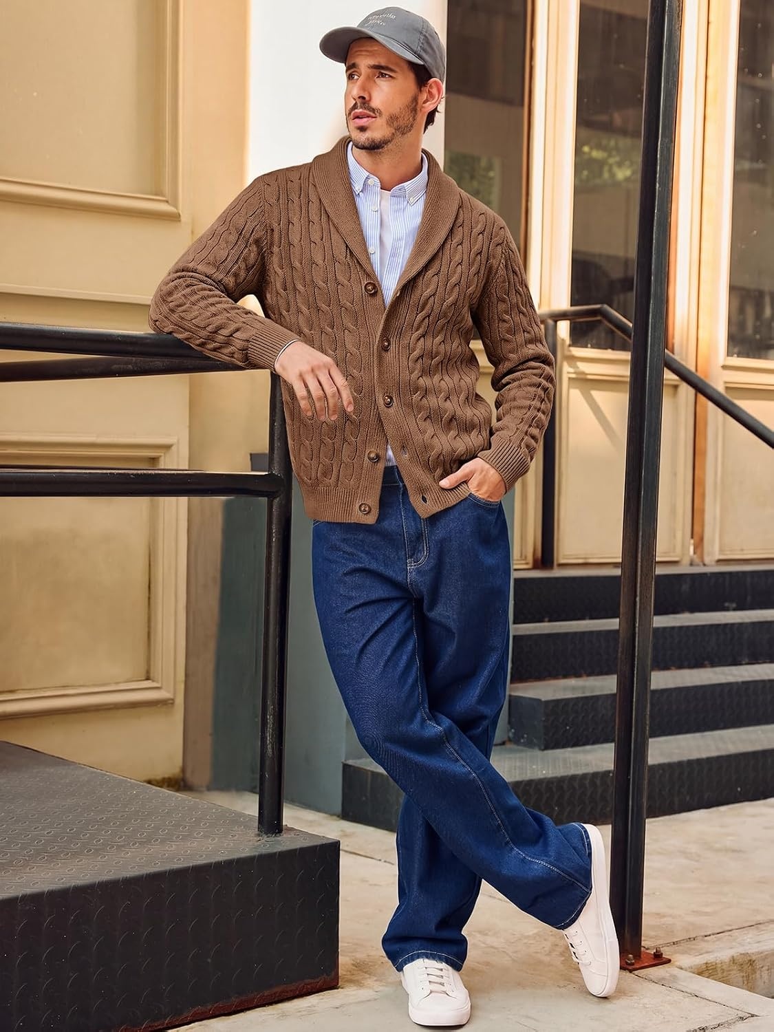image:imageRuncati Mens Cardigan Sweater Cable Knit Shawl Collar Casual SweatersBrown