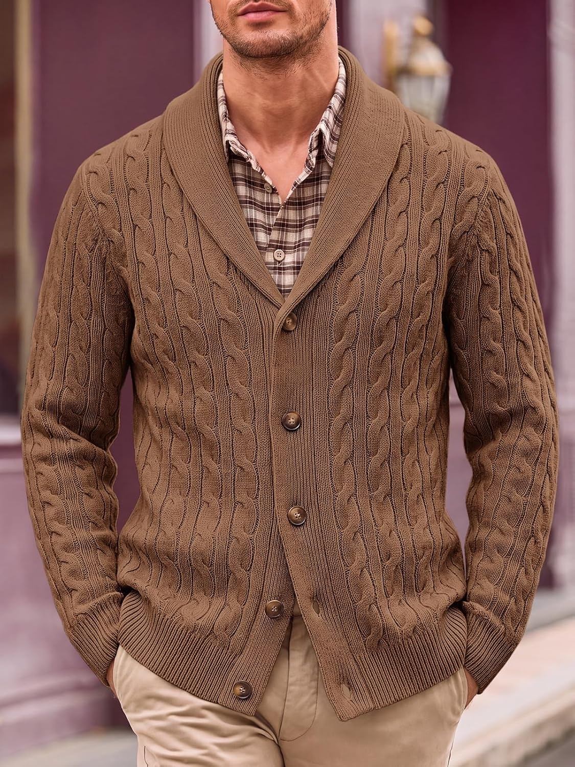 image:imageRuncati Mens Cardigan Sweater Cable Knit Shawl Collar Casual SweatersBrown