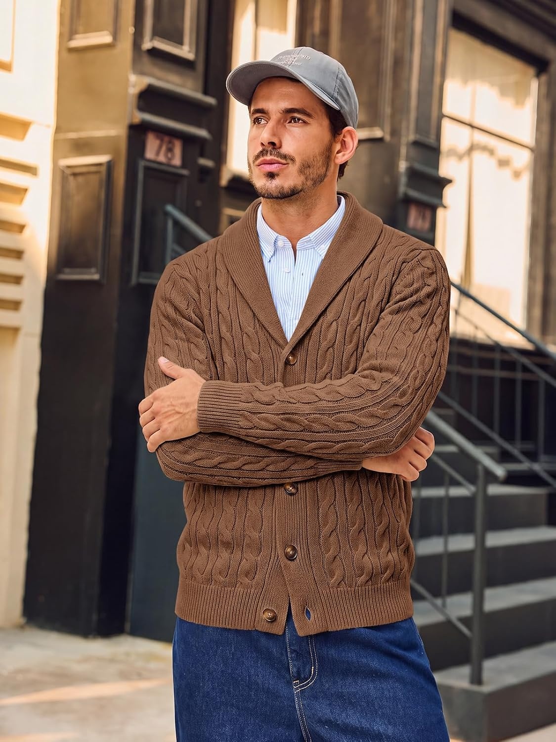 image:imageRuncati Mens Cardigan Sweater Cable Knit Shawl Collar Casual SweatersBrown