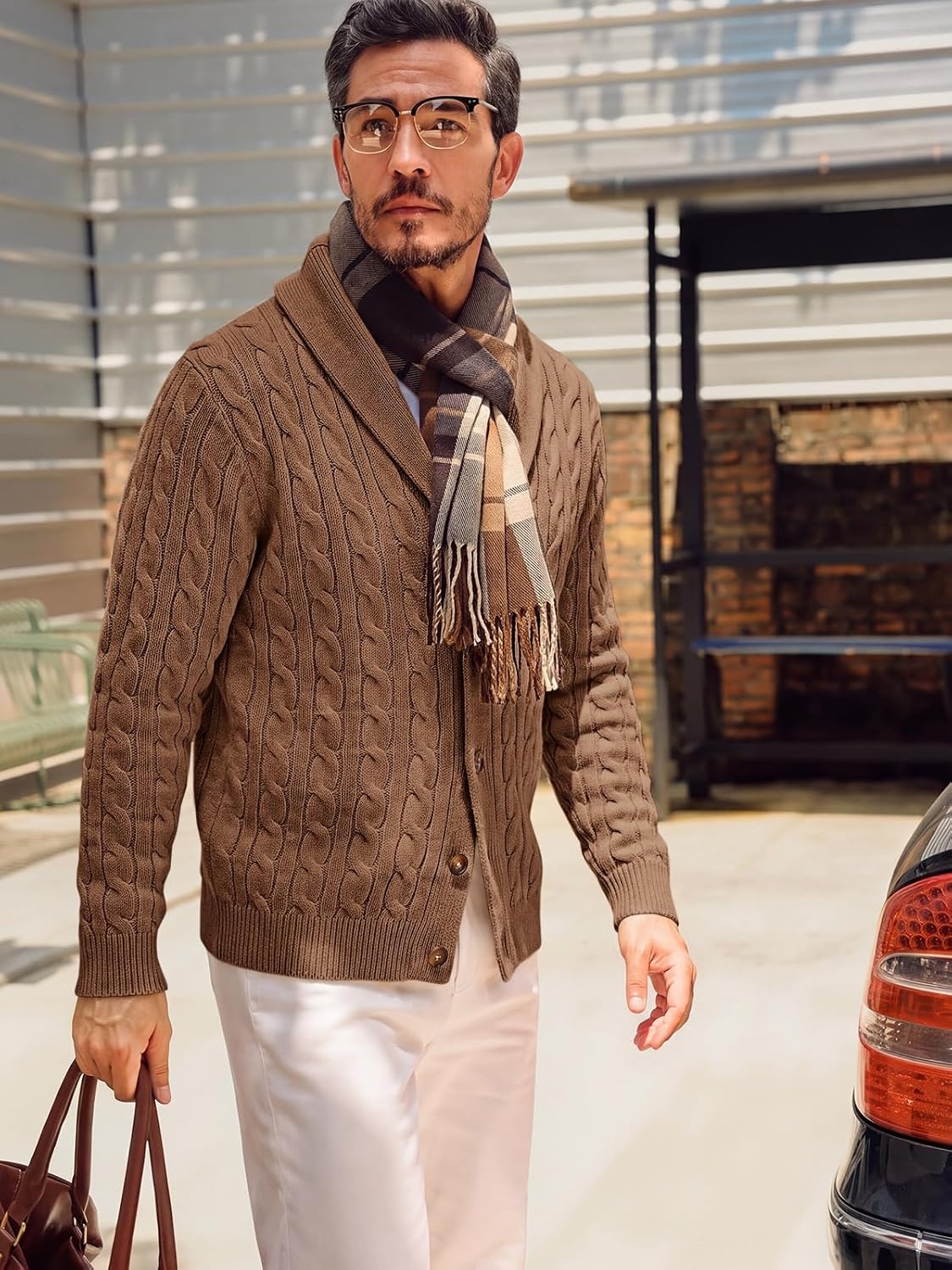 image:imageRuncati Mens Cardigan Sweater Cable Knit Shawl Collar Casual SweatersBrown