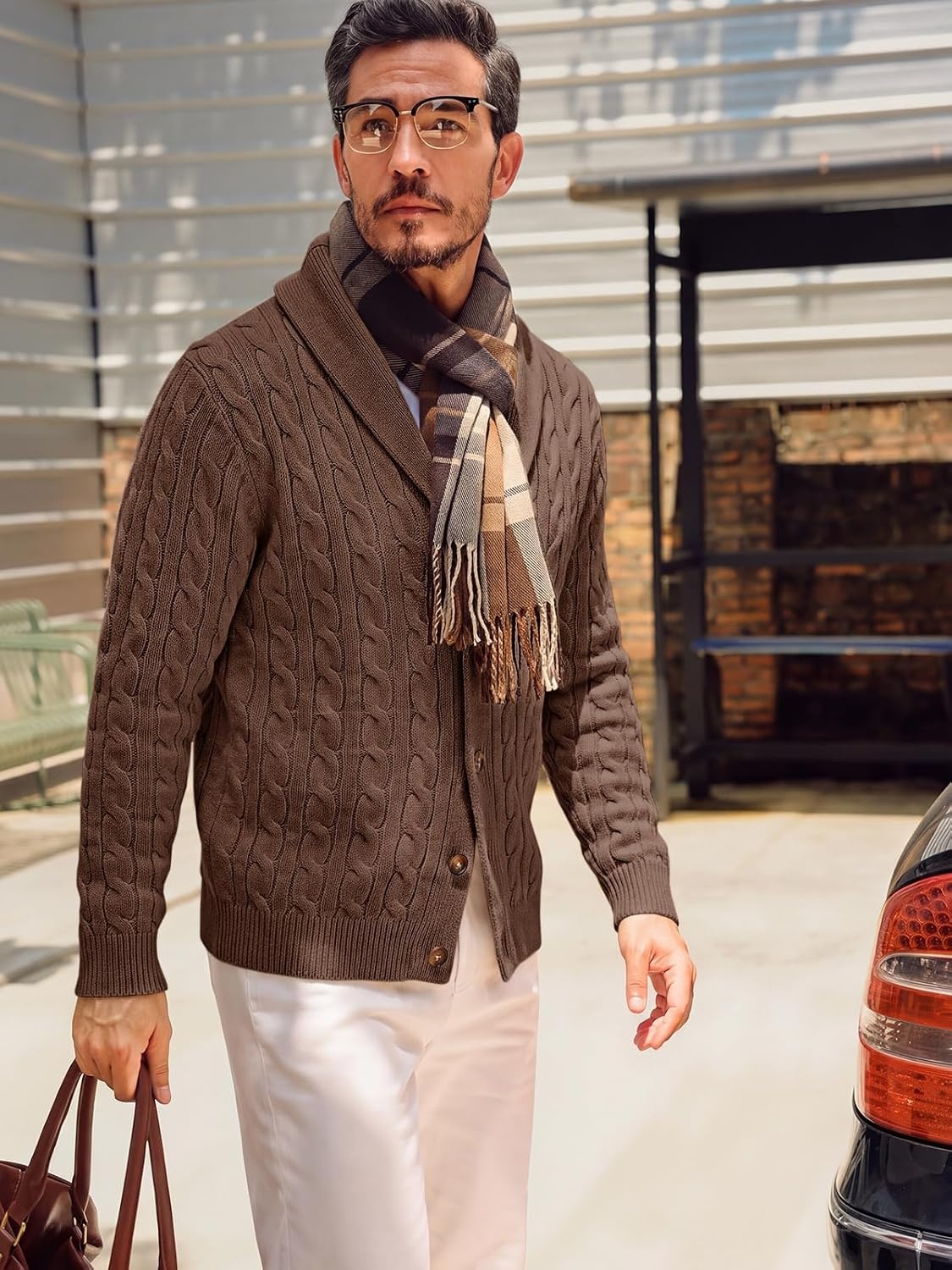 image:imageRuncati Mens Cardigan Sweater Cable Knit Shawl Collar Casual SweatersCoffee