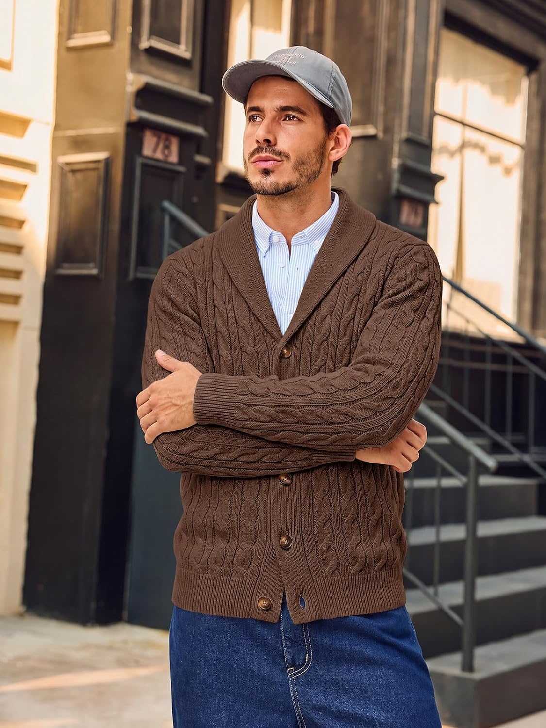 image:imageRuncati Mens Cardigan Sweater Cable Knit Shawl Collar Casual SweatersCoffee