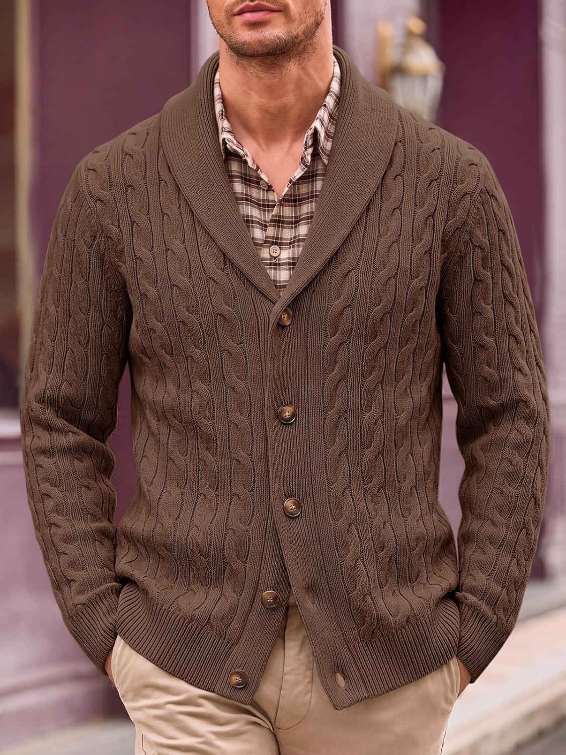 image:imageRuncati Mens Cardigan Sweater Cable Knit Shawl Collar Casual SweatersCoffee