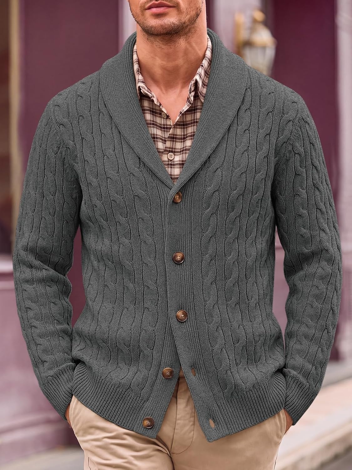 image:imageRuncati Mens Cardigan Sweater Cable Knit Shawl Collar Casual SweatersDark Grey