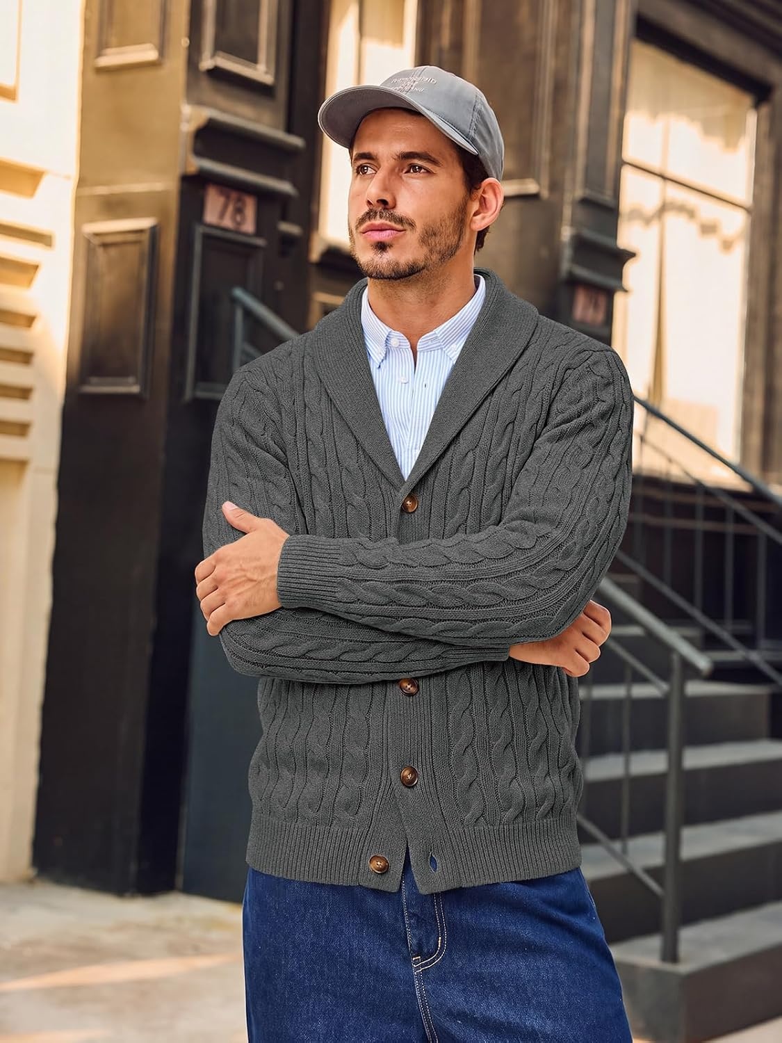 image:imageRuncati Mens Cardigan Sweater Cable Knit Shawl Collar Casual SweatersDark Grey