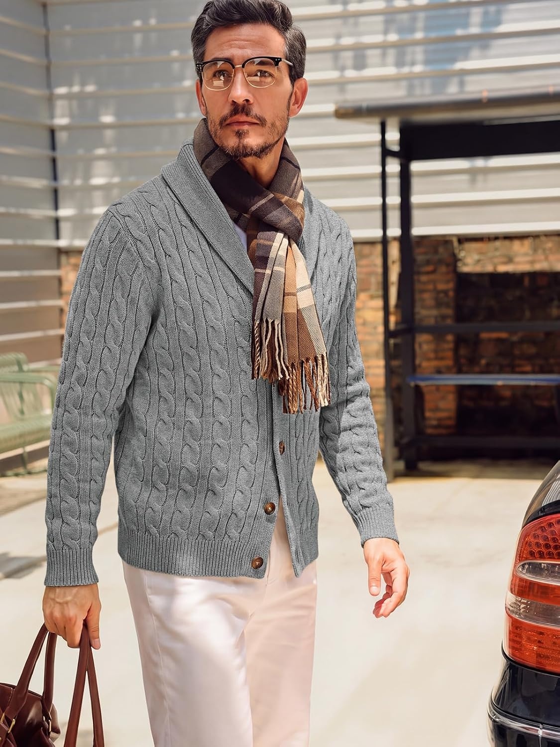 image:imageRuncati Mens Cardigan Sweater Cable Knit Shawl Collar Casual SweatersGrey
