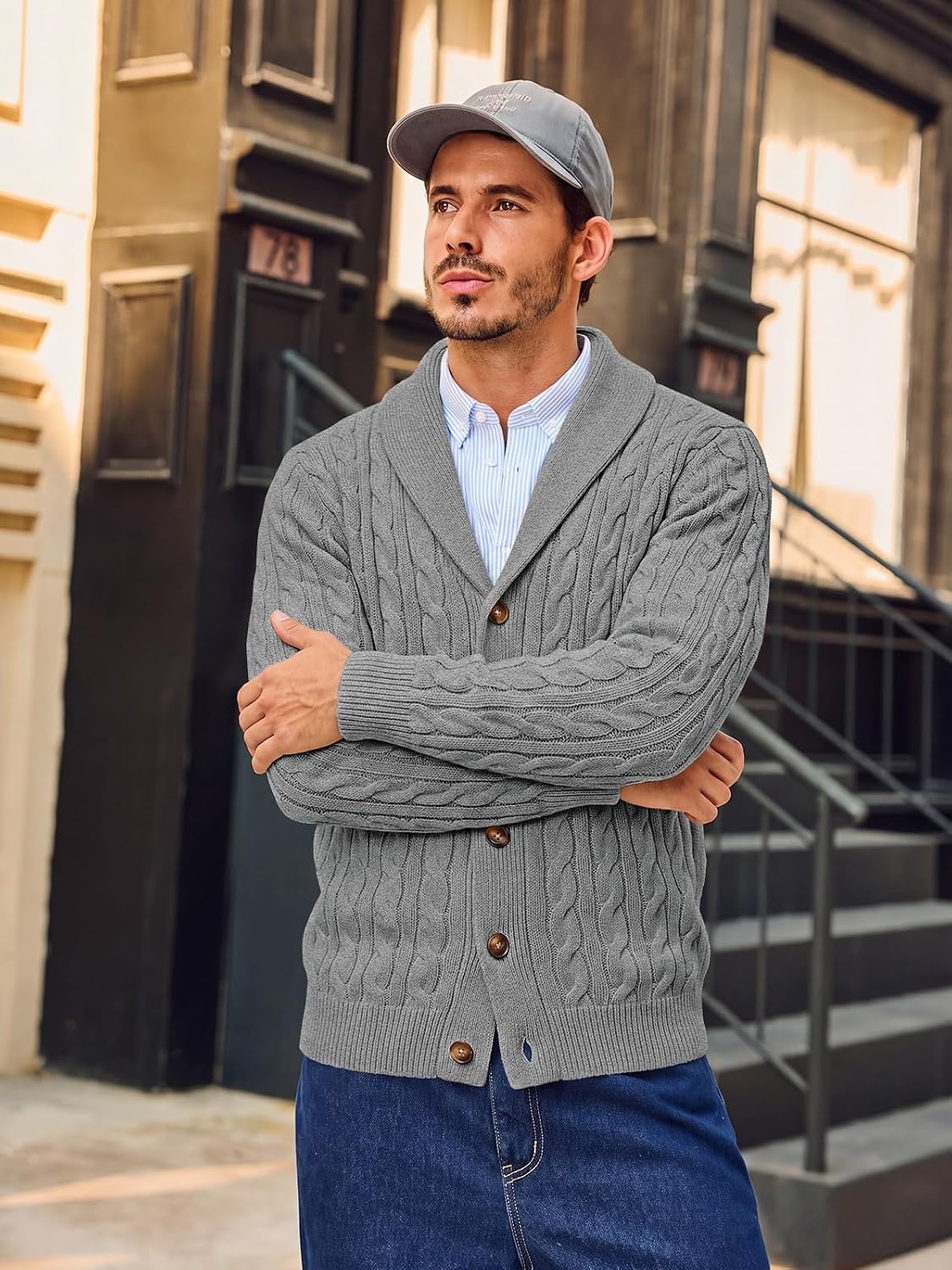 image:imageRuncati Mens Cardigan Sweater Cable Knit Shawl Collar Casual SweatersGrey