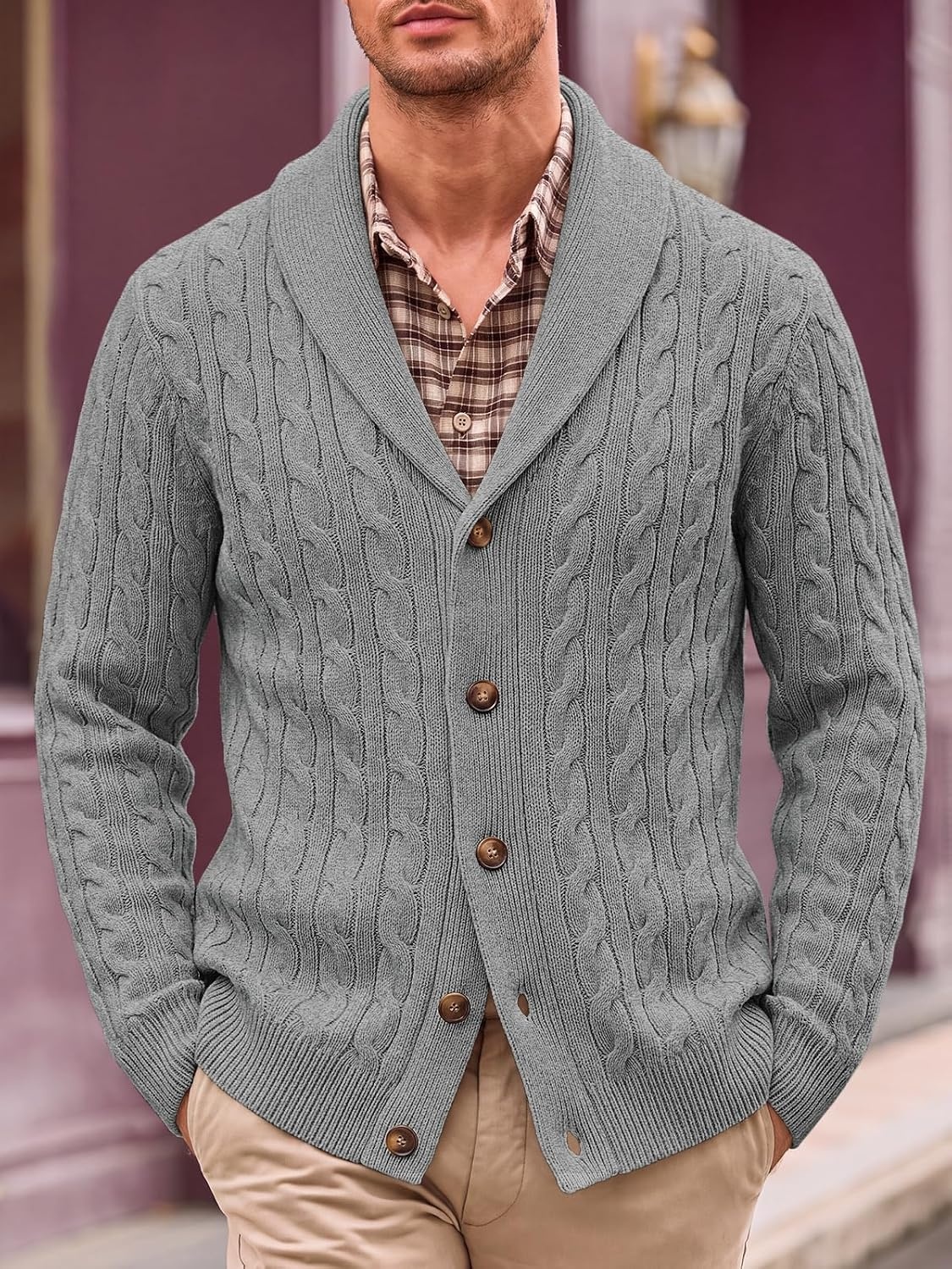 image:imageRuncati Mens Cardigan Sweater Cable Knit Shawl Collar Casual SweatersGrey