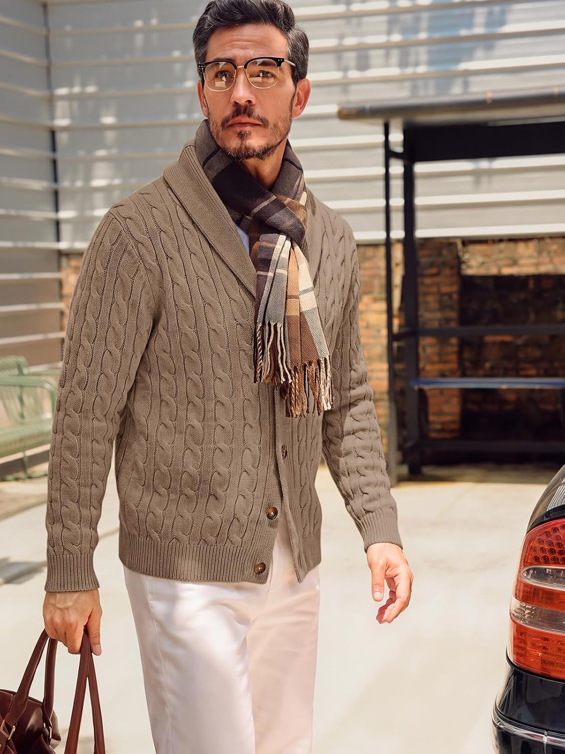 image:imageRuncati Mens Cardigan Sweater Cable Knit Shawl Collar Casual SweatersKhaki