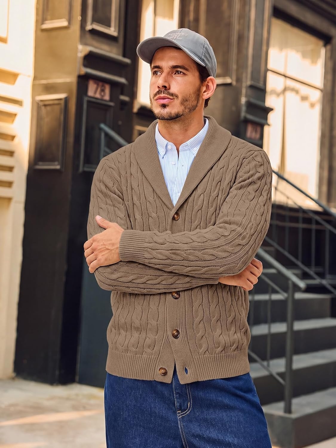 image:imageRuncati Mens Cardigan Sweater Cable Knit Shawl Collar Casual SweatersKhaki