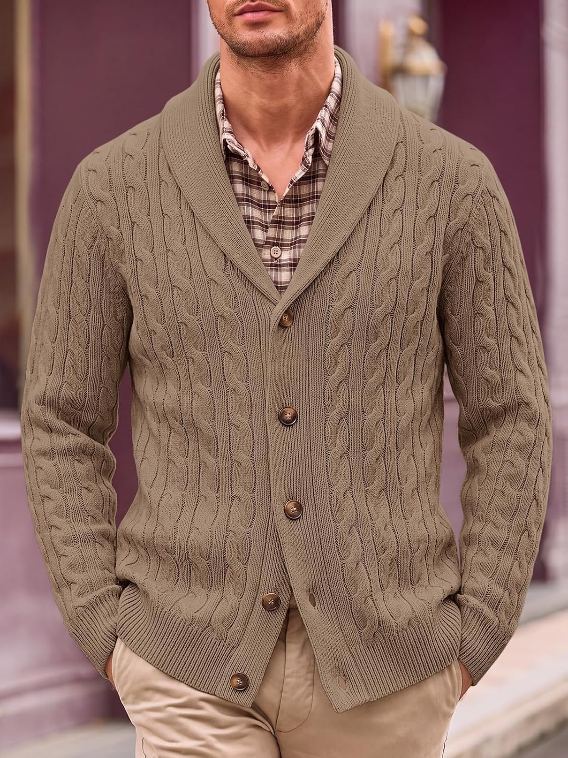 image:imageRuncati Mens Cardigan Sweater Cable Knit Shawl Collar Casual SweatersKhaki