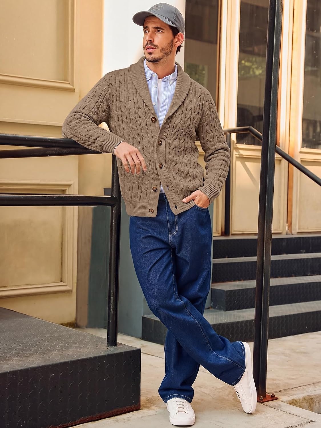 image:imageRuncati Mens Cardigan Sweater Cable Knit Shawl Collar Casual SweatersKhaki