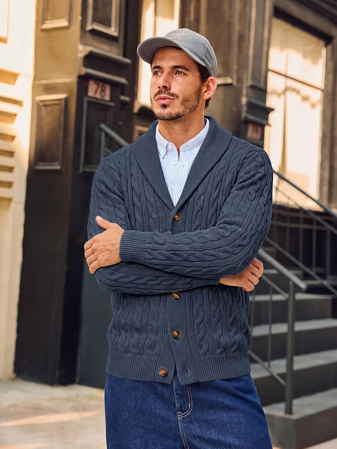 image:imageRuncati Mens Cardigan Sweater Cable Knit Shawl Collar Casual SweatersNavy