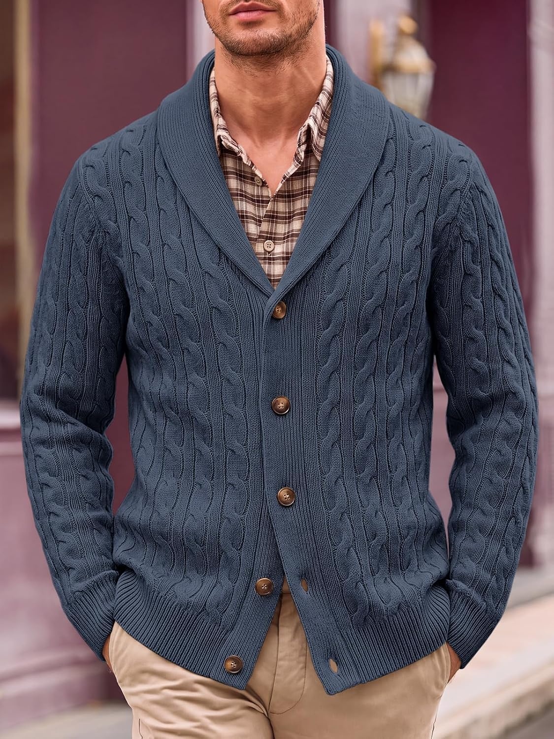image:imageRuncati Mens Cardigan Sweater Cable Knit Shawl Collar Casual SweatersNavy