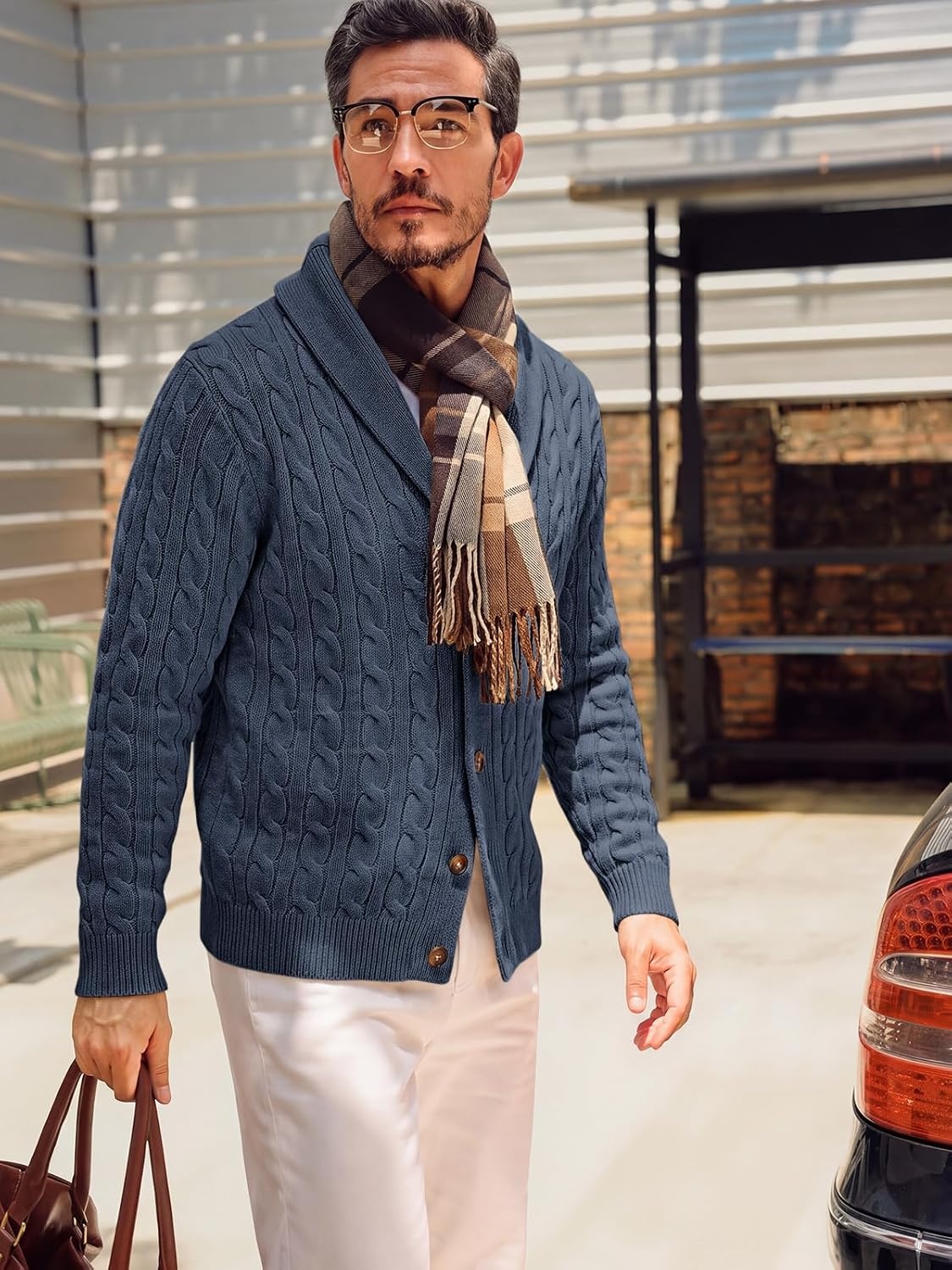 image:imageRuncati Mens Cardigan Sweater Cable Knit Shawl Collar Casual SweatersNavy
