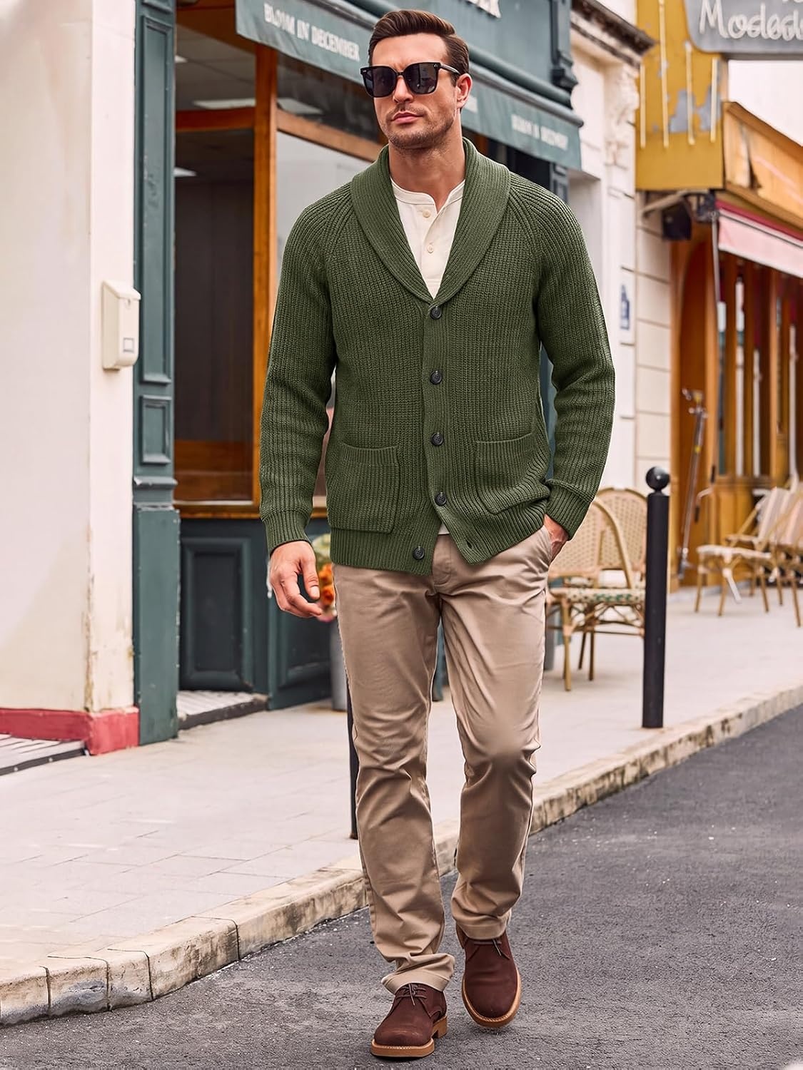 image:imageRuncati Mens Cardigan Sweater Shawl Collar Button Down Casual Knit SweatersArmy Green