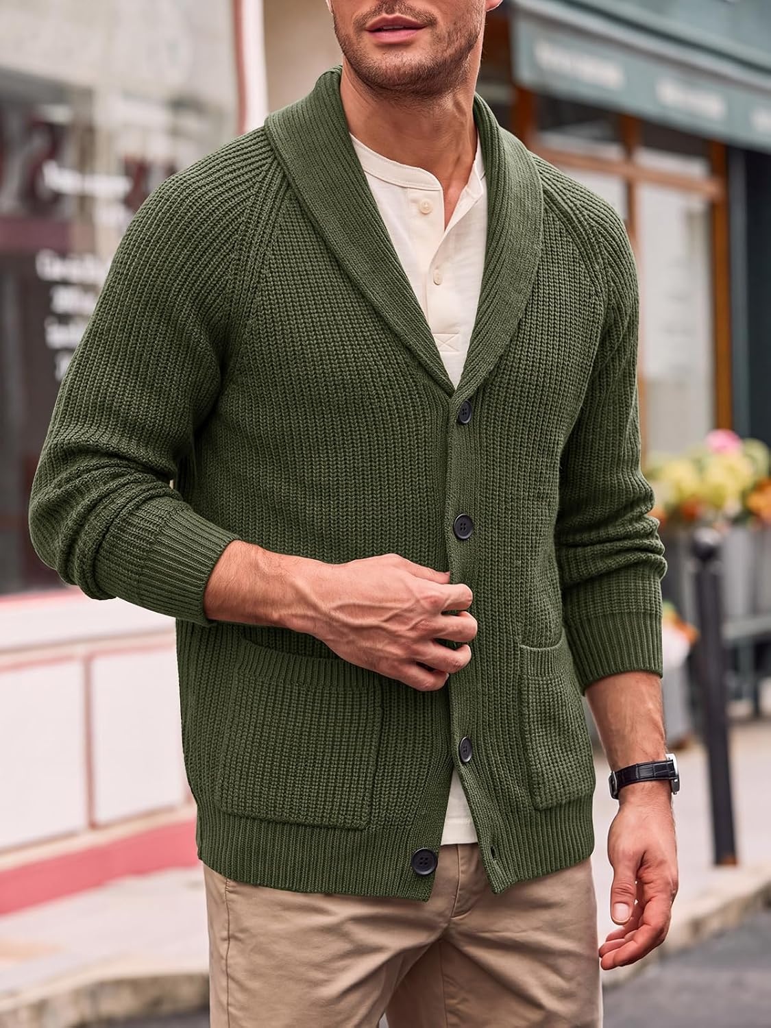 image:imageRuncati Mens Cardigan Sweater Shawl Collar Button Down Casual Knit SweatersArmy Green