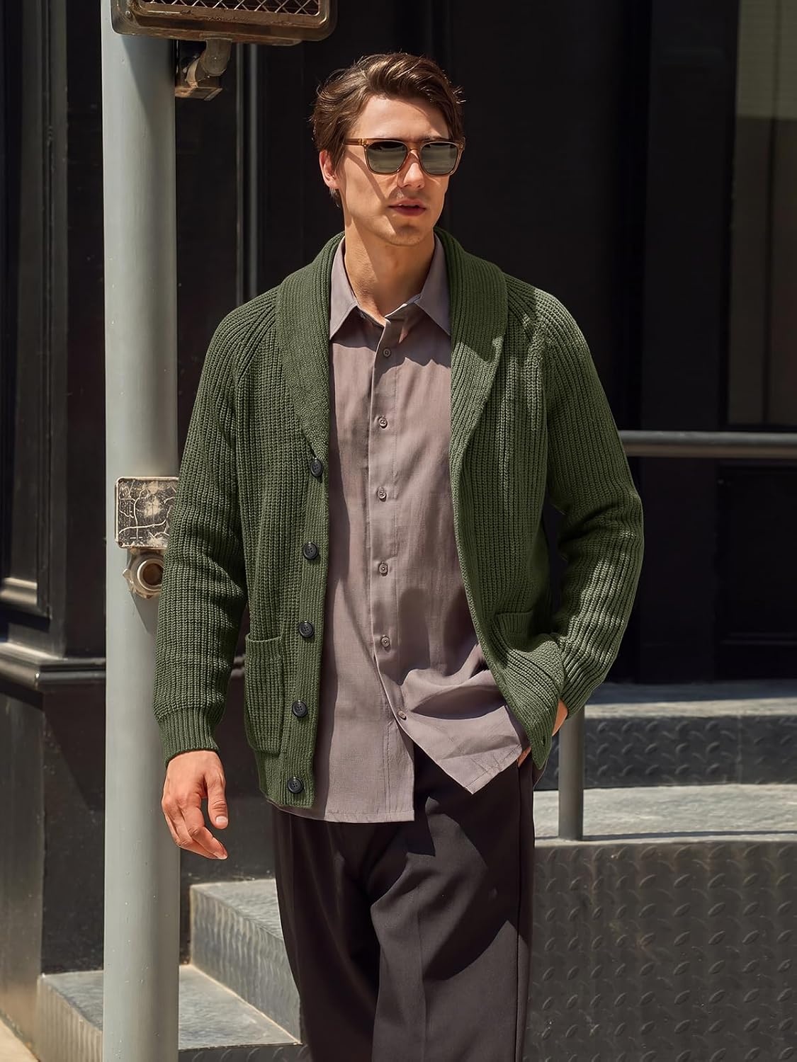 image:imageRuncati Mens Cardigan Sweater Shawl Collar Button Down Casual Knit SweatersArmy Green