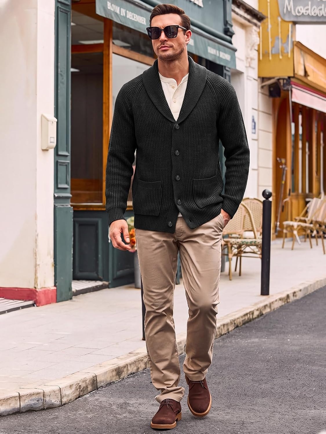 image:imageRuncati Mens Cardigan Sweater Shawl Collar Button Down Casual Knit SweatersBlack