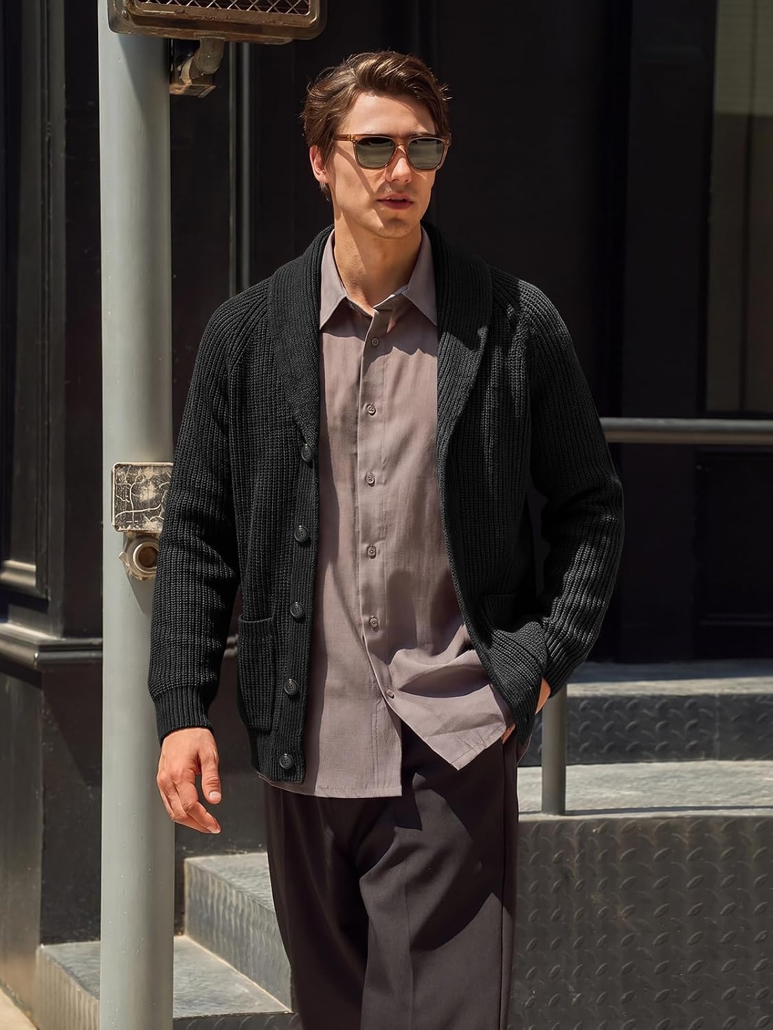 image:imageRuncati Mens Cardigan Sweater Shawl Collar Button Down Casual Knit SweatersBlack